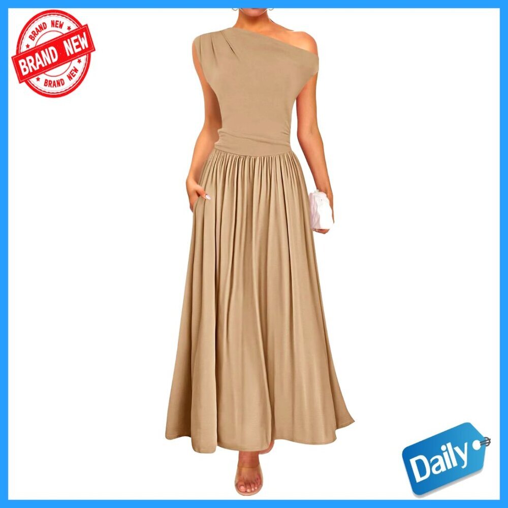 Sleeveless Maxi Dress One Shoulder Slim Swing Pleated Formal with Pockets